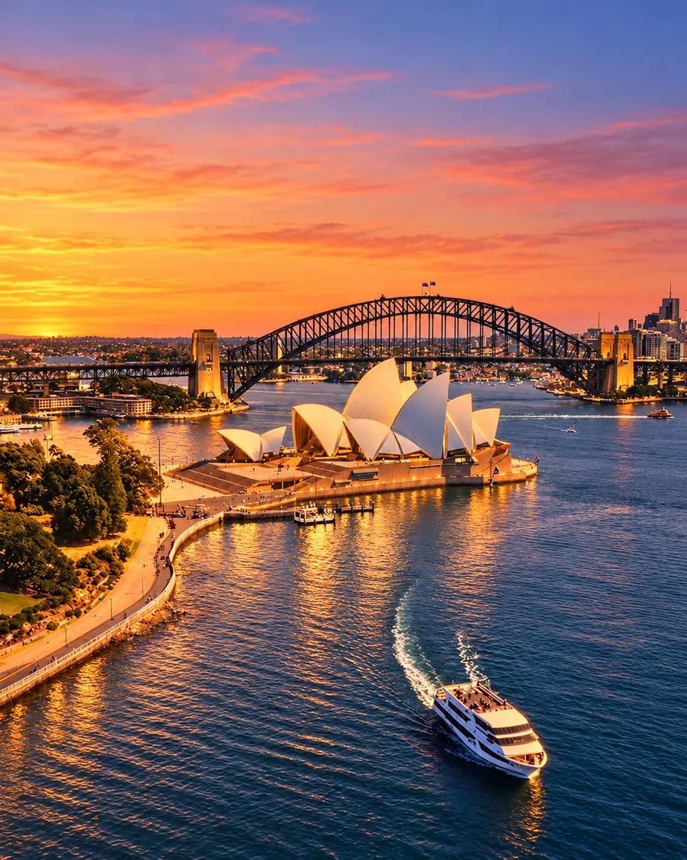 Sydney Opera House and Harbour Bridge at sunset